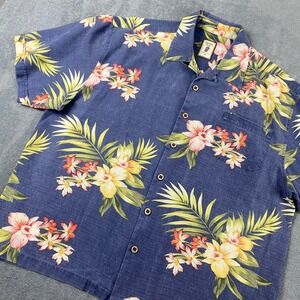 Jamaica Jaxx Mens XL Button Up Shirt Blue Floral Silk Tropical Palm Print